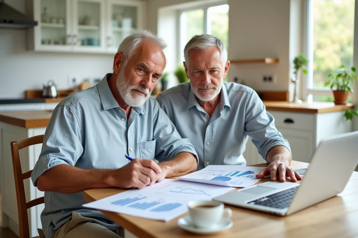 Couple de retraités calculant leur pension nette autour de documents financiers dans une cuisine moderne