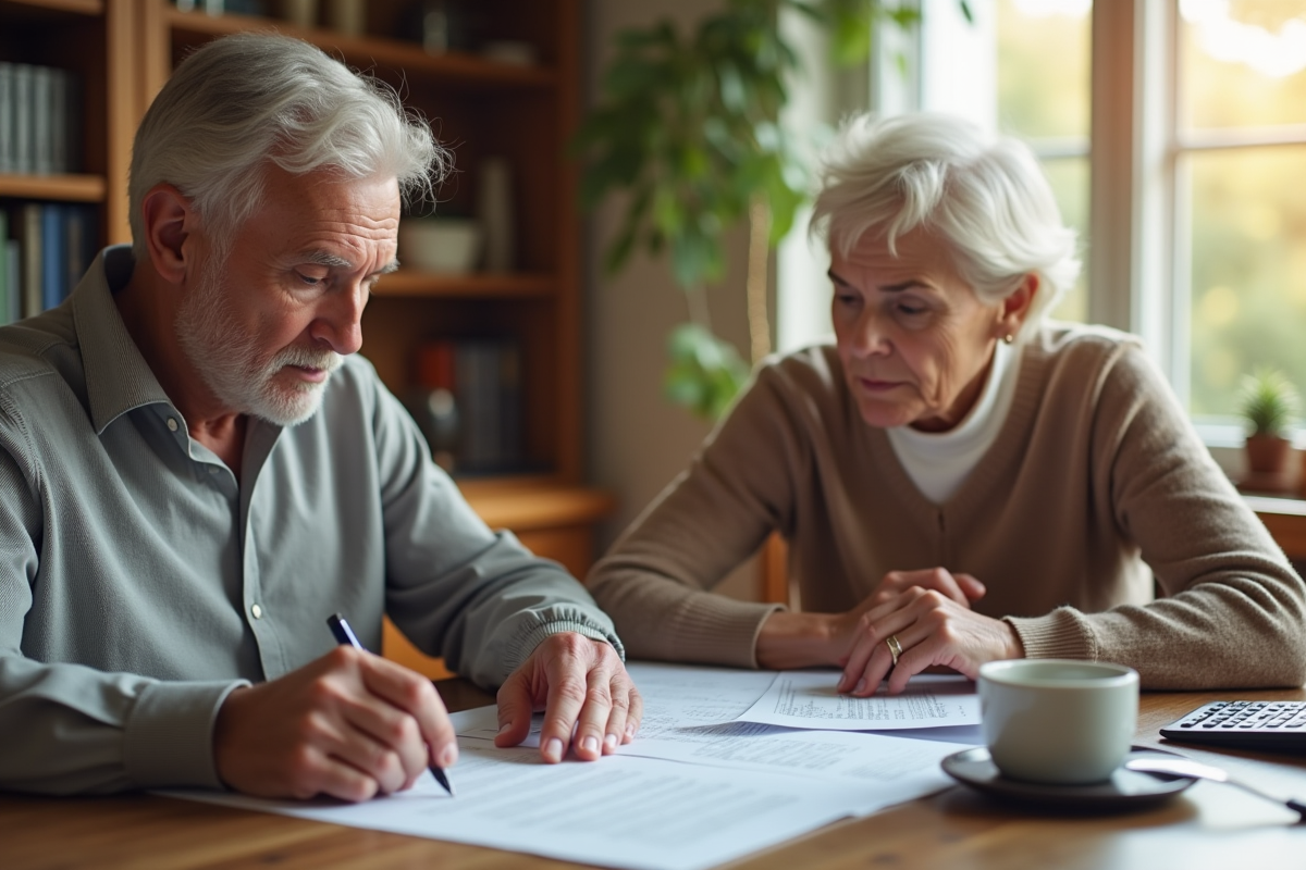 Couple âgé examinant des documents de pension à la maison