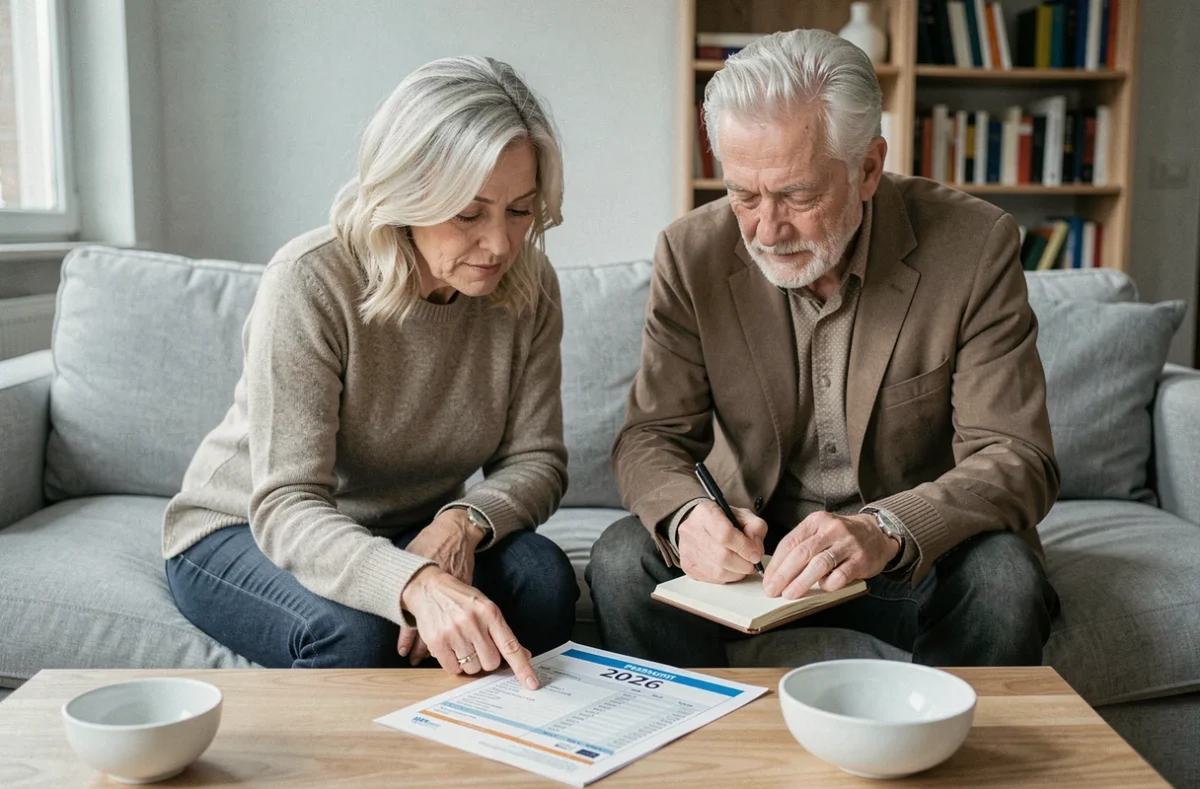 Couple de retraités qui examine le calendrier des paiements mensuels et trimestriels de retraite complémentaire 2026