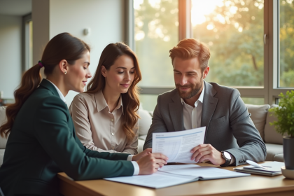 Jeune couple professionnel examinant documents locatifs dans un salon lumineux