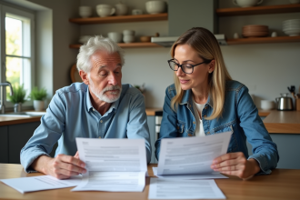 Couple d'adultes revoyant des documents de retraite à la maison