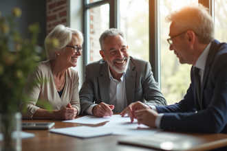Couple senior souriant discutant avec un conseiller financier