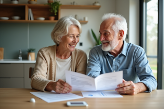 Couple senior souriant examinant des documents financiers