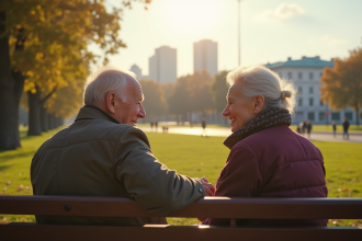 Couple de seniors russes souriants dans un parc à Moscou