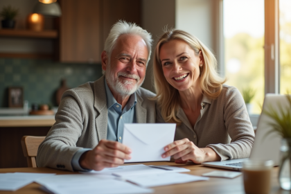 Couple souriant tenant une enveloppe dans un intérieur cosy
