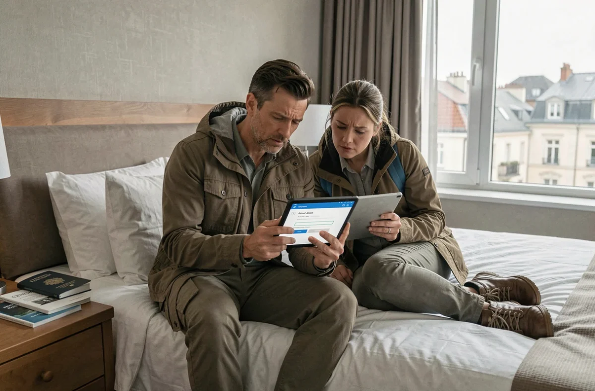 Couple en voyage vérifiant les paramètres de sécurité de leurs comptes en ligne sur une tablette dans une chambre d'hôtel à l'étranger