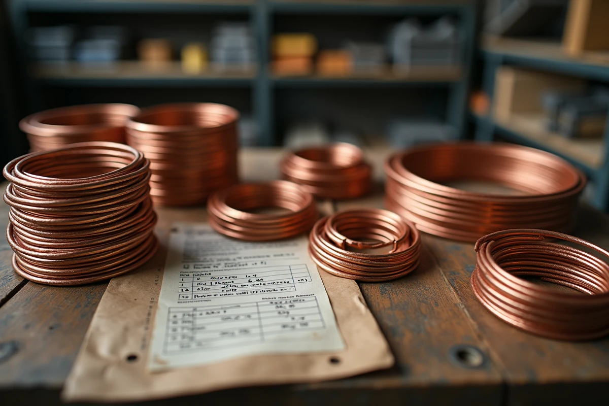 Rouleaux de fil de cuivre et ferraille avec fiche de prix sur établi industriel