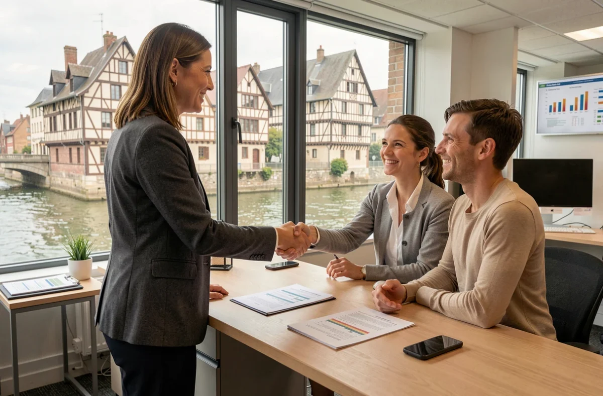 Une courtière de Courteam signe un accord avec un couple dans un bureau à Rouen près de la Seine