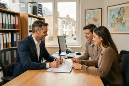 Un courtier en crédit immobilier conseille un couple dans un bureau professionnel en Normandie