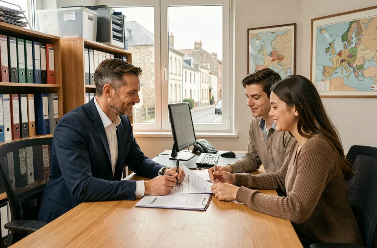 Un courtier en crédit immobilier conseille un couple dans un bureau professionnel en Normandie