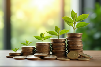 Tas de pièces et plantes vertes en croissance symbolisant la croissance financière