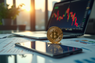 Pièce de crypto en or sur un bureau élégant avec graphiques et smartphone