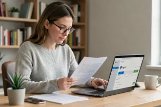 Femme consultant des documents fiscaux Cerfa 3916 bis sur son bureau à domicile avec un compte PayPal ouvert sur son ordinateur portable