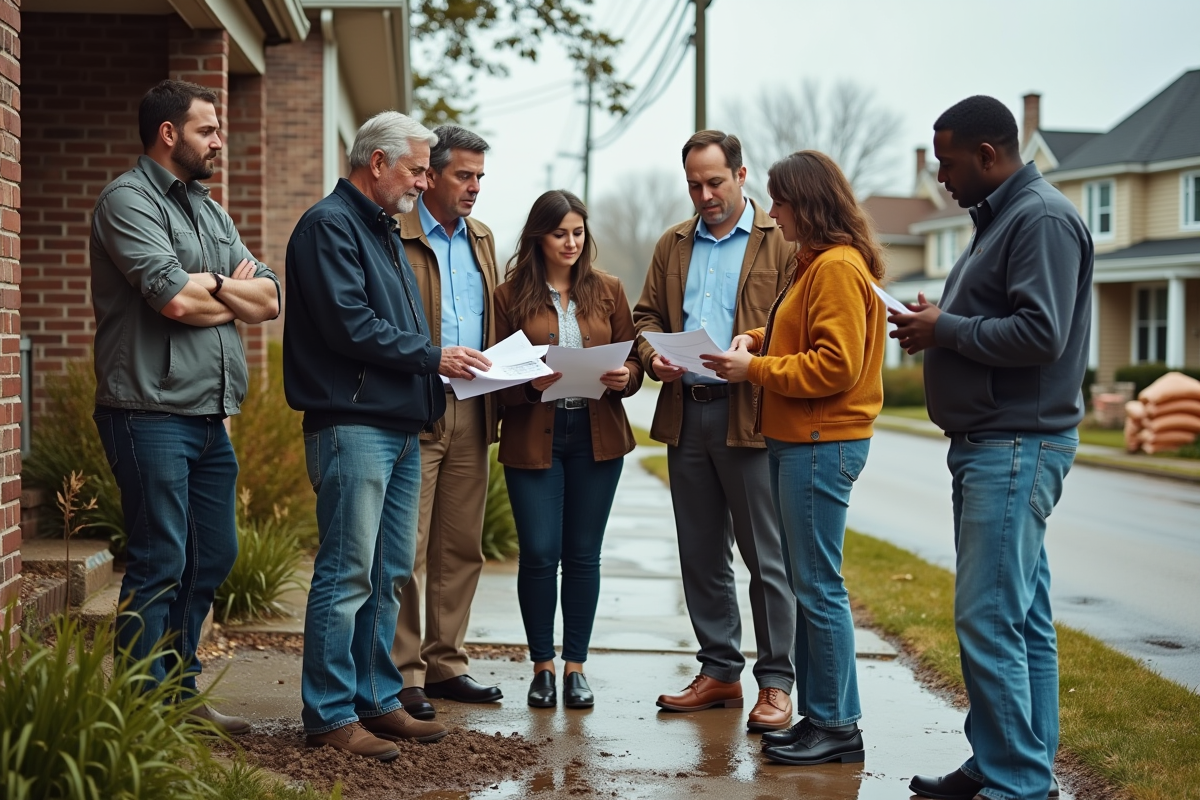 Groupe de personnes face aux degats d inondation