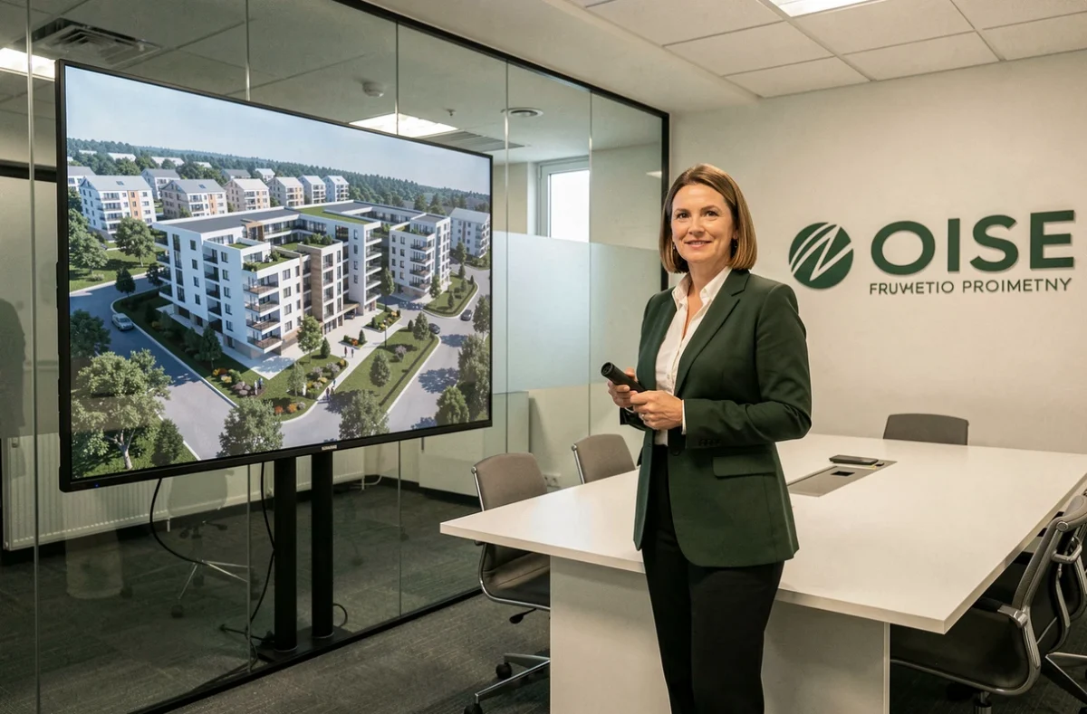Promotrice immobilière de Delpel Promotion présentant un rendu 3D d'un programme résidentiel dans l'Oise