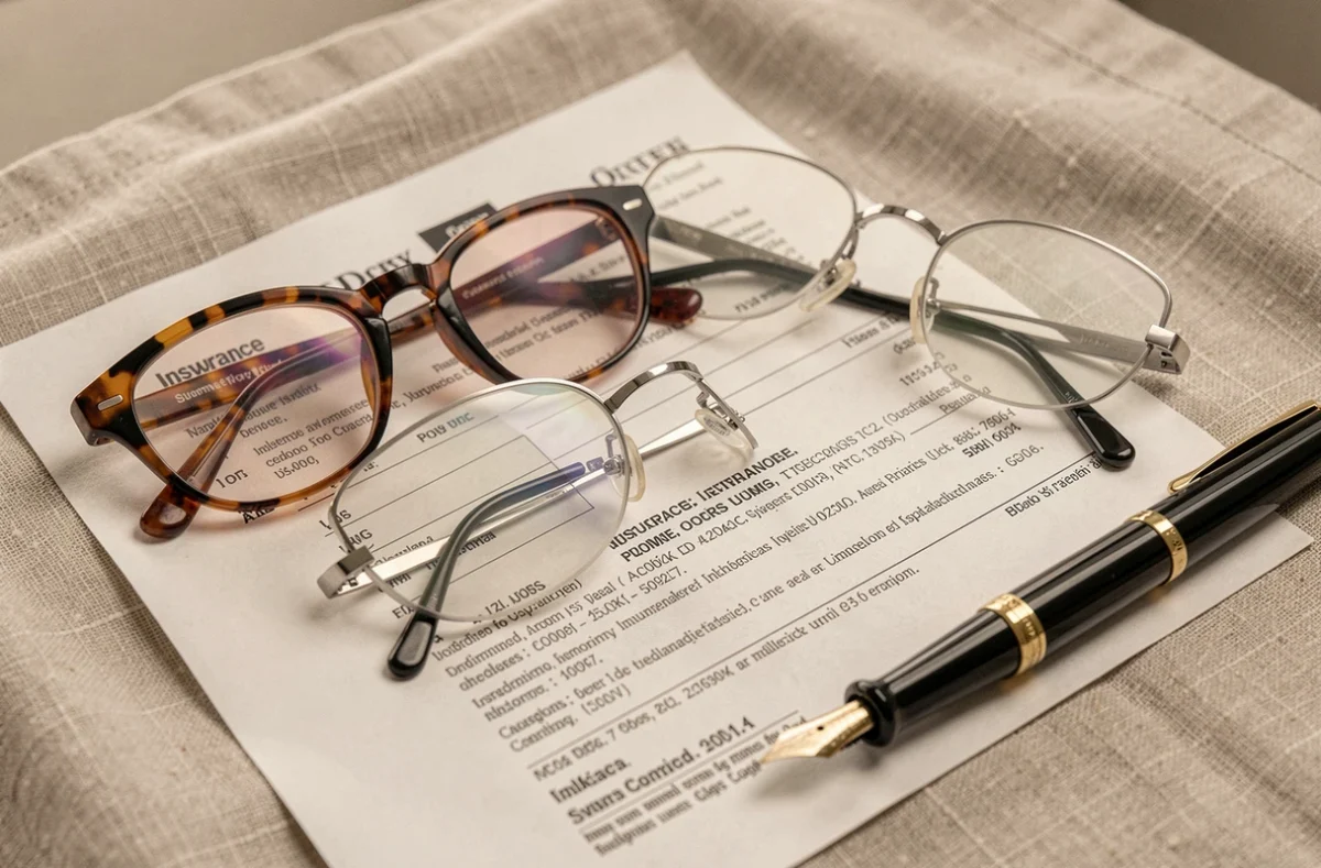 Gros plan de lunettes de luxe en acétate et titane posées sur un contrat d'assurance, style éditorial haut de gamme