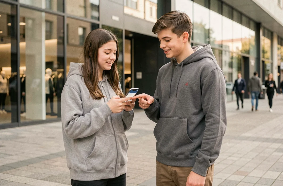 Deux adolescents consultant une application de carte bancaire devant un centre commercial, comparatif Pixpay Revolut Kard