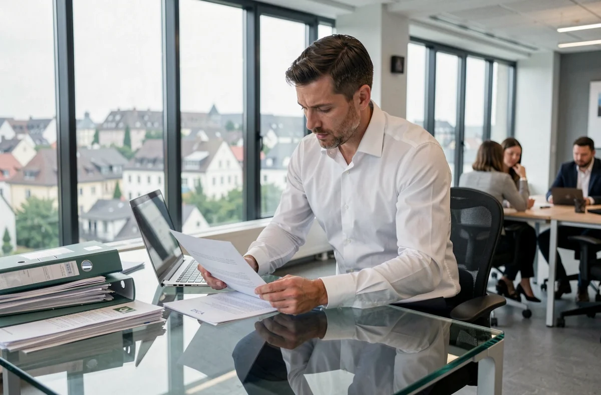 Conseiller du cabinet DICA dans un bureau moderne examinant un contrat d'assurance