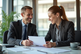 Personne en costume discutant de documents financiers avec un banquier dans un bureau lumineux