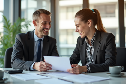 Personne en costume discutant de documents financiers avec un banquier dans un bureau lumineux