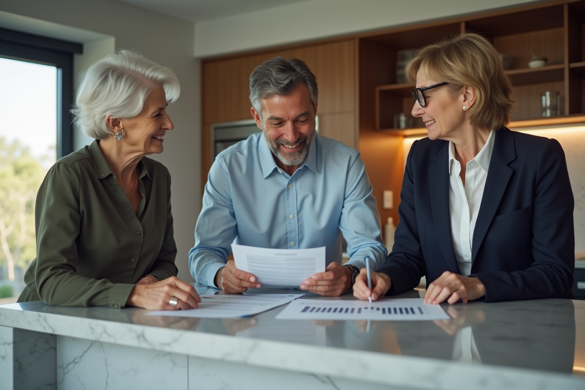 Groupe de trois adultes discutant de finances dans une cuisine