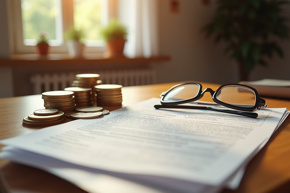 Document de retraite russe avec pièces et lunettes sur une table