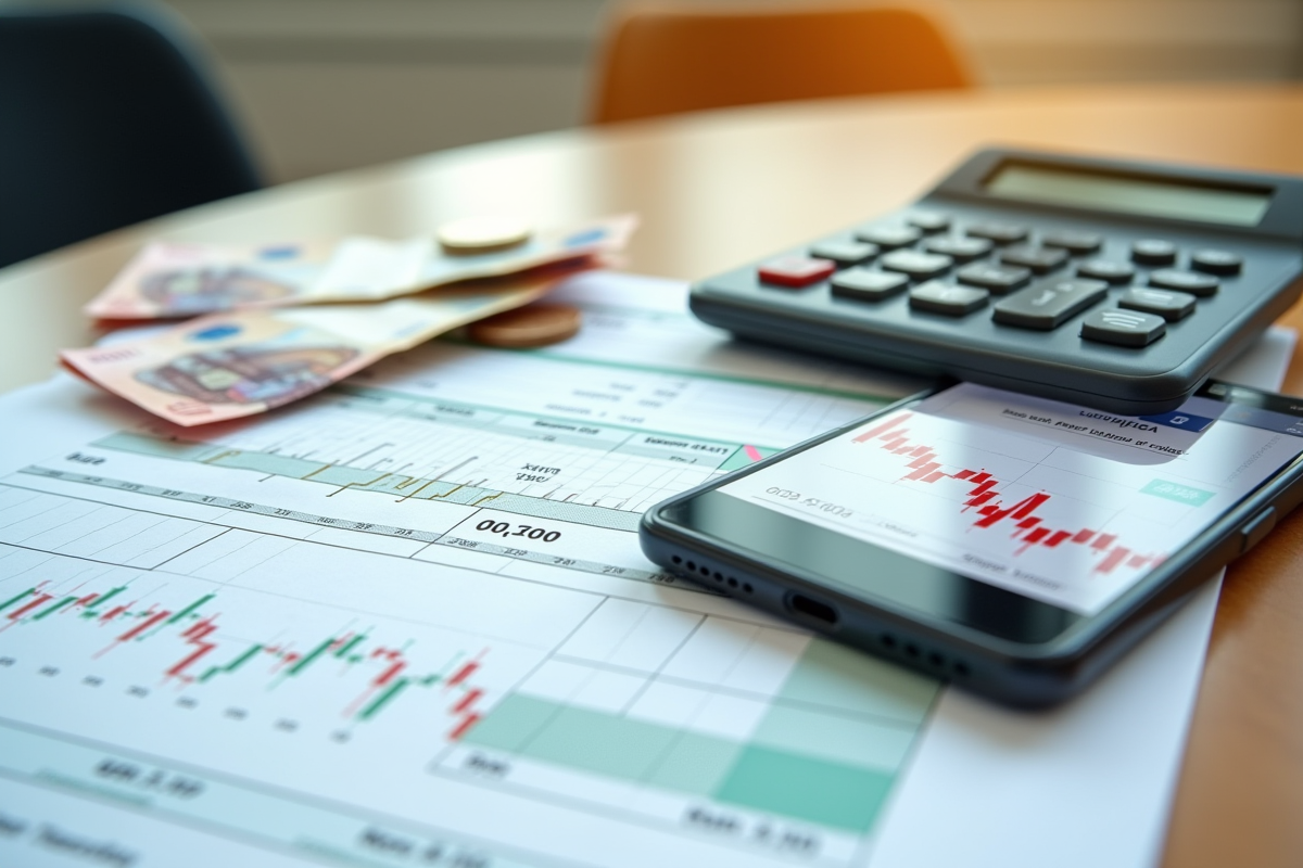 Pile de formulaires fiscaux avec calculatrice et argent sur un bureau