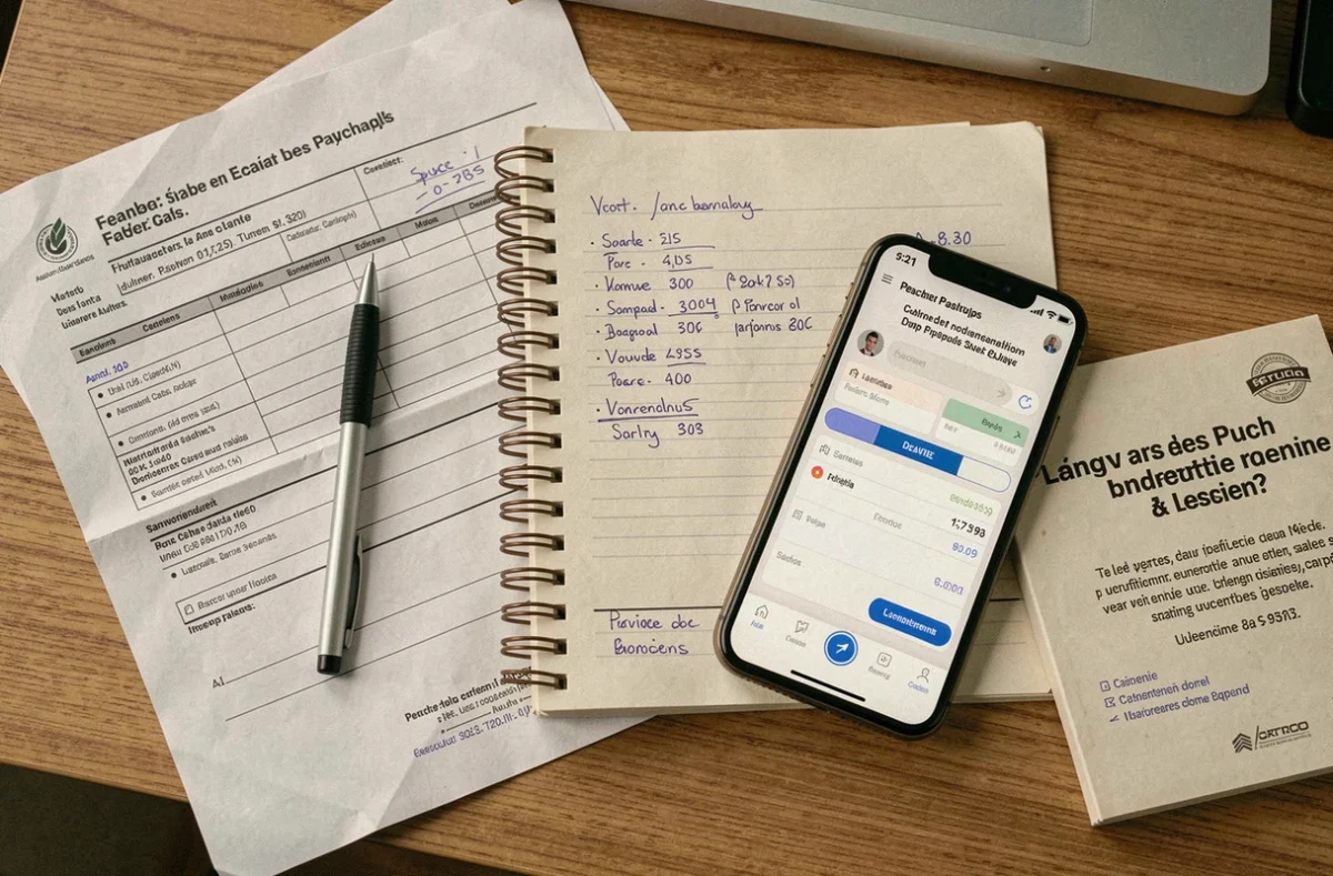 Vue aérienne de fiches de paie, notes de calcul et application mobile pour vérifier les droits salariaux des enseignants