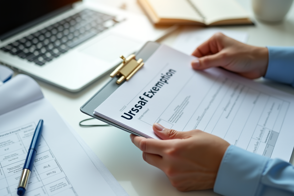 Main tenant un dossier urssaf exemption sur un bureau lumineux