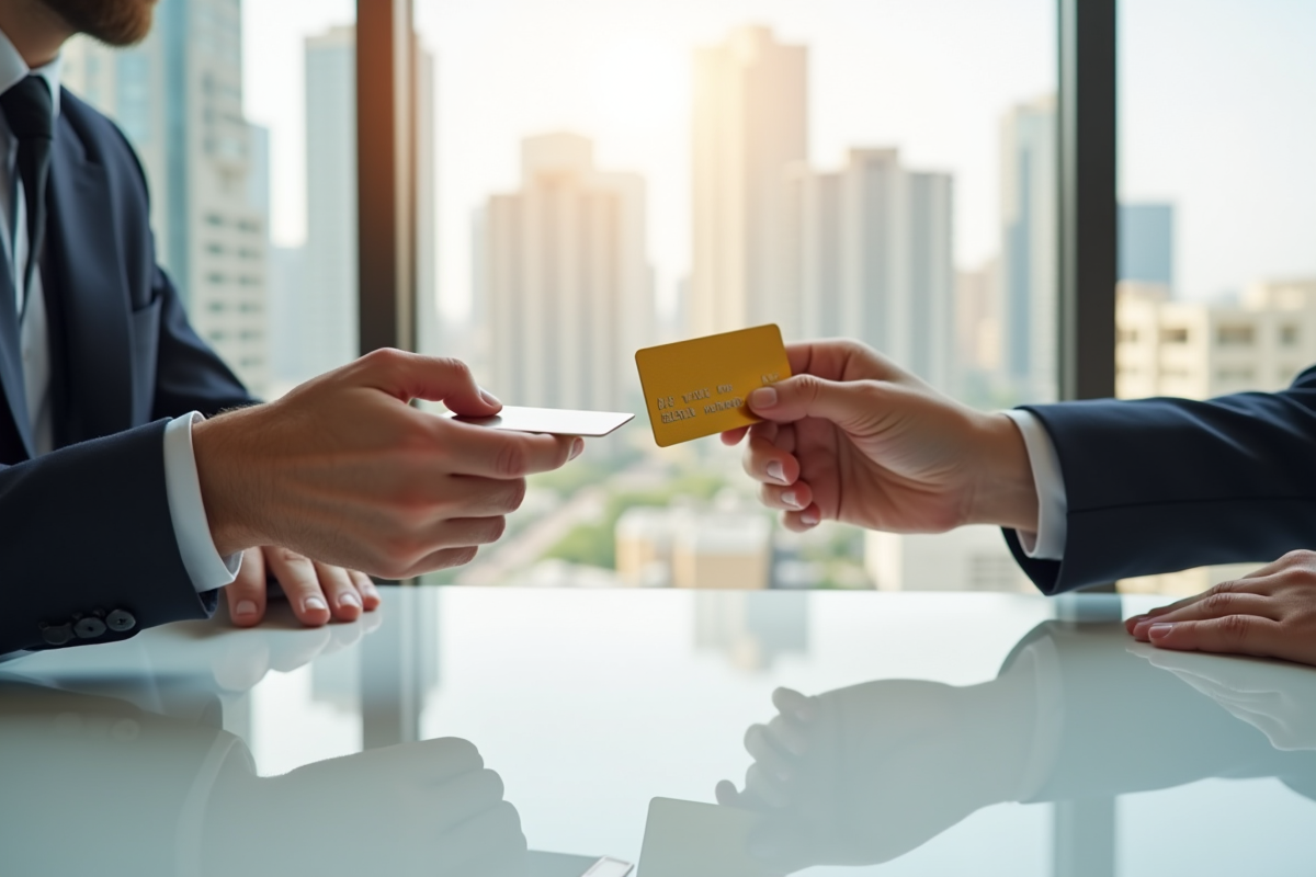 Deux mains échangeant un bitcoin et une carte bancaire