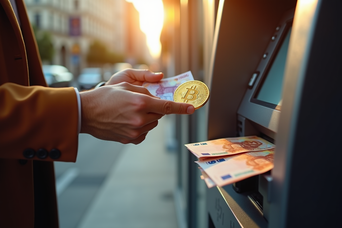 Echange de bitcoin en or et billets d euro devant un distributeur automatique