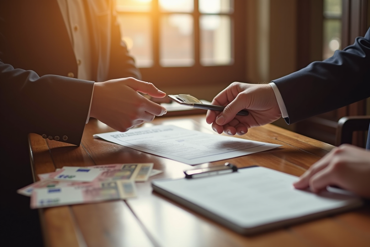 Deux mains échangeant un formulaire de virement bancaire en agence
