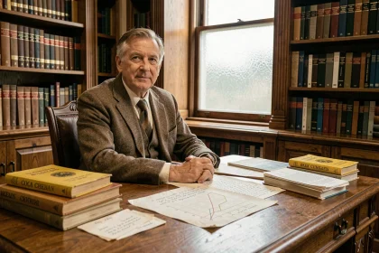 Économiste senior assis à un bureau universitaire couvert de livres et de graphiques économiques vintage, illustrant la théorie keynésienne