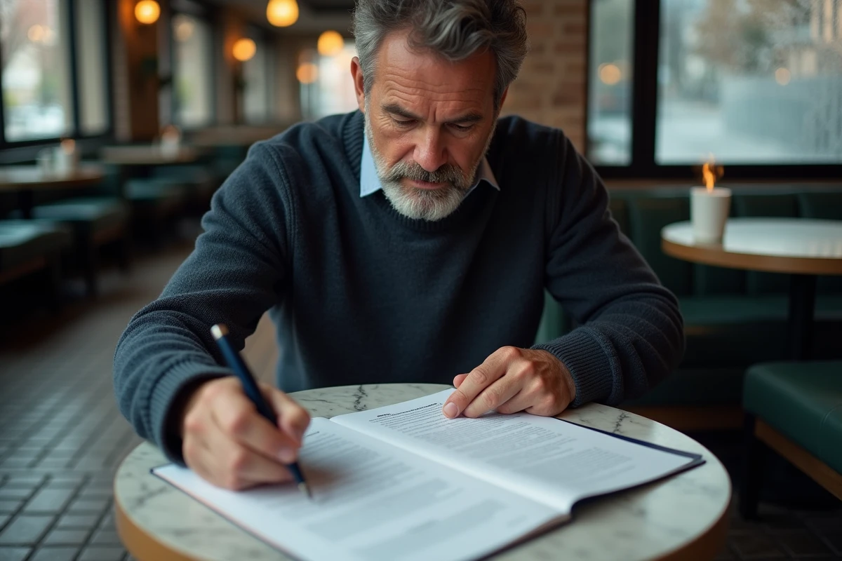 Écrivain lisant un contrat d'édition dans un café, symbolisant la négociation des droits d'auteur et des à-valoir dans le monde de l'édition