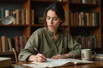 Écrivaine assise à son bureau en bois, entourée de manuscrits et de livres, illustrant le quotidien d'un auteur et la réalité du métier d'écrivain