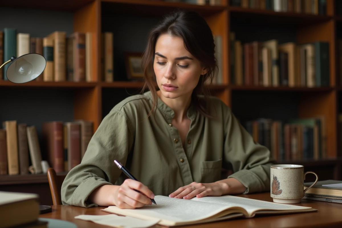 Écrivaine assise à son bureau en bois, entourée de manuscrits et de livres, illustrant le quotidien d'un auteur et la réalité du métier d'écrivain