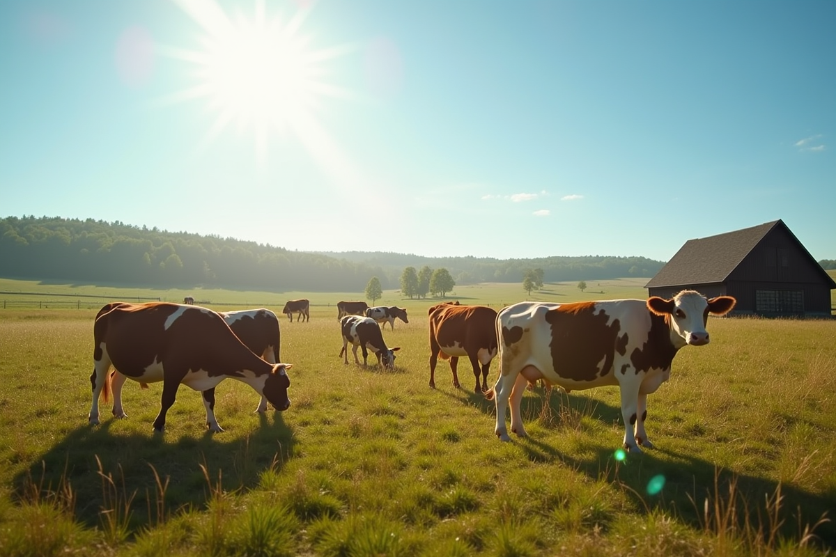 Éleveurs de vaches dans un pâturage paisible ensoleillé