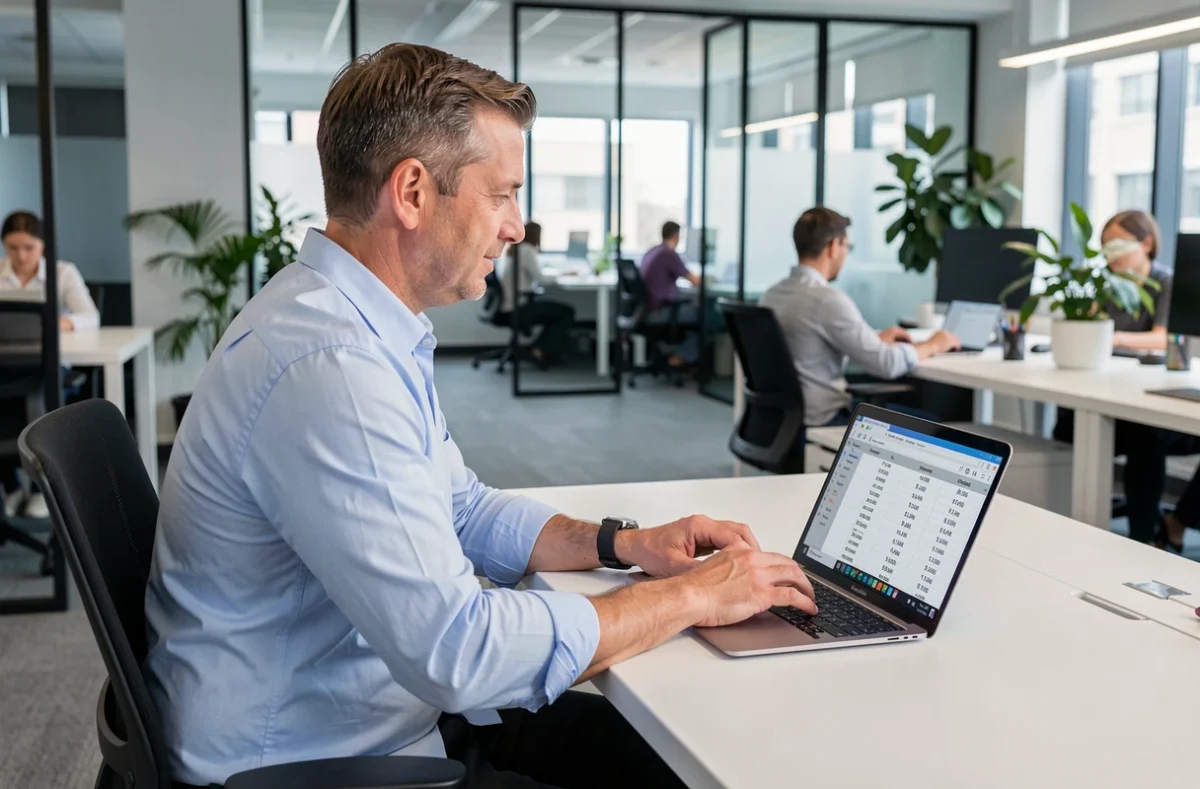 Employé de bureau calculant la conversion salaire brut net 2300 euros sur un ordinateur portable