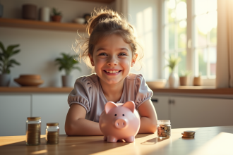 Enfant souriant à la maison avec tirelire et économies