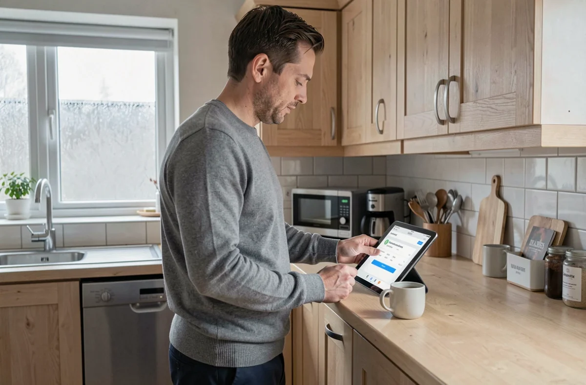 Enseignant consultant son bulletin de salaire en ligne sur tablette depuis son domicile