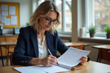Enseignante consultant un calendrier de paie avec des dates entourées au stylo rouge dans une salle des professeurs