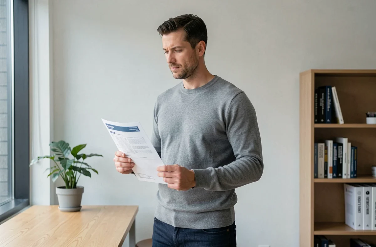 Entrepreneur examinant un contrat d'assurance professionnelle Qlara dans son bureau à domicile moderne