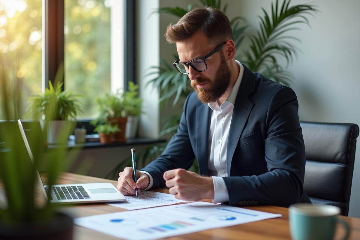 Entrepreneur confiant examinant un rapport EBITDA au bureau