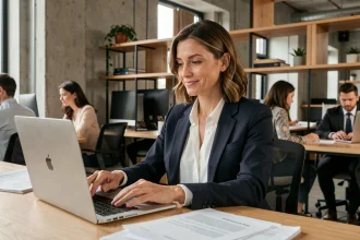 Entrepreneuse confiante consultant son assurance professionnelle Qlara sur un ordinateur portable dans un espace de coworking moderne