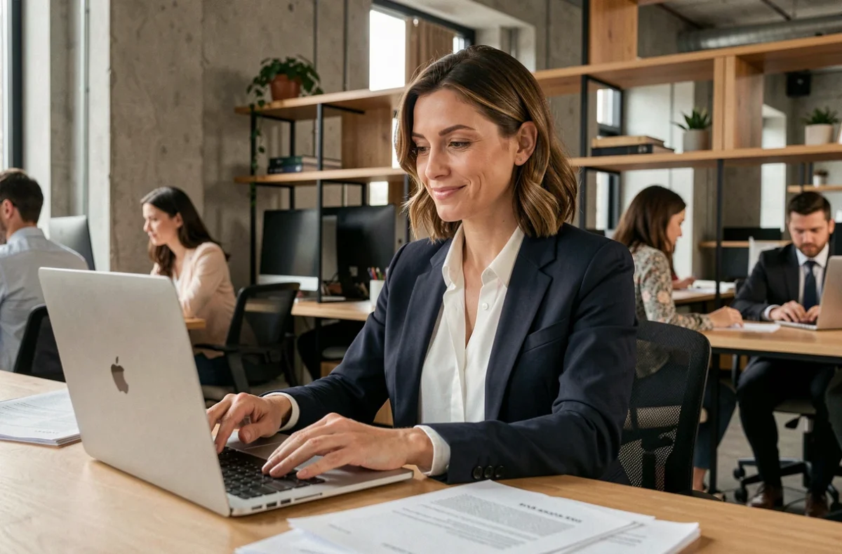 Entrepreneuse confiante consultant son assurance professionnelle Qlara sur un ordinateur portable dans un espace de coworking moderne