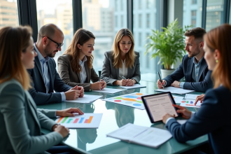 Groupe de professionnels analysant diagrammes SWOT et PESTEL