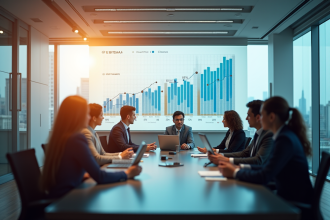 Groupe de professionnels en réunion avec graphique financier et EBITDA