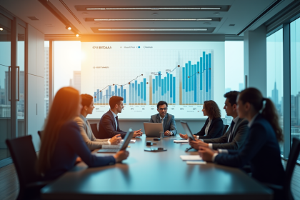 Groupe de professionnels en réunion avec graphique financier et EBITDA