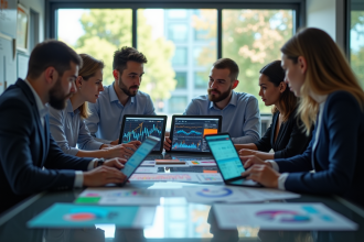 Groupe de professionnels analysant des graphiques en réunion