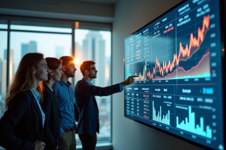 Groupe de professionnels analysant des tableaux financiers en équipe